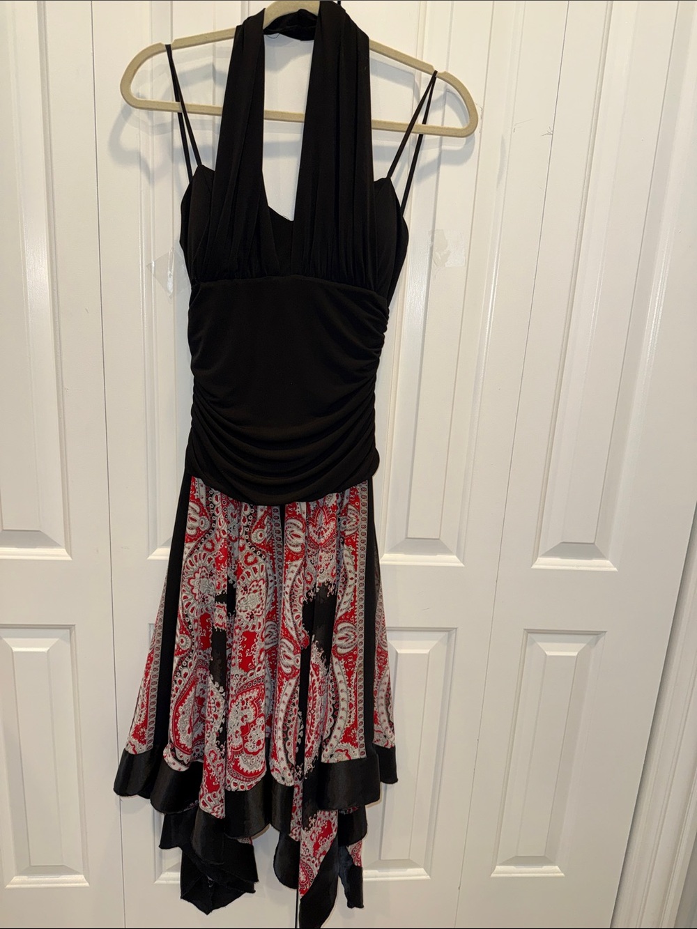 Black Halter Dress with Red Paisley Handkerchief Hem